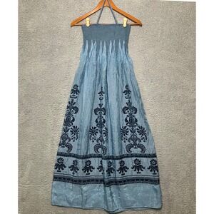Lapis Anthro Maxi Dress Women One Size Blue Metallic Damask Smocked Halter Tube